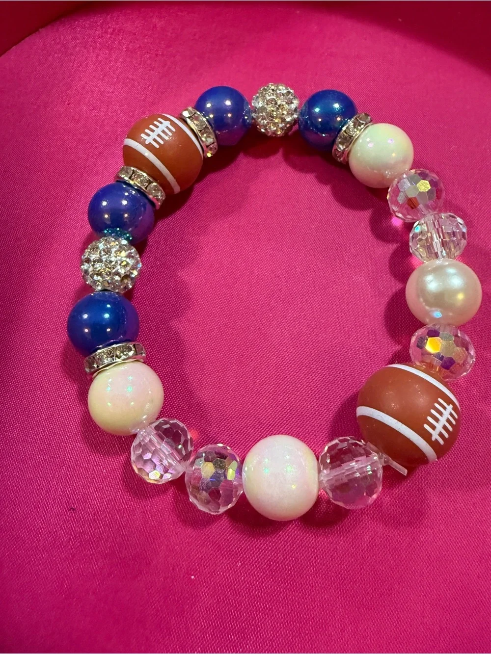 Girls' Football Charm Stretch Bracelet in Blue, Pink & Brown